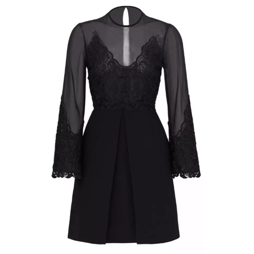 Jill Stuart Black Pleated Lace Bell Sleeve Dress
